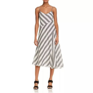 Theory Women's Athens A Line Asymmetrical Elegant Striped Black and Ivory Dress-